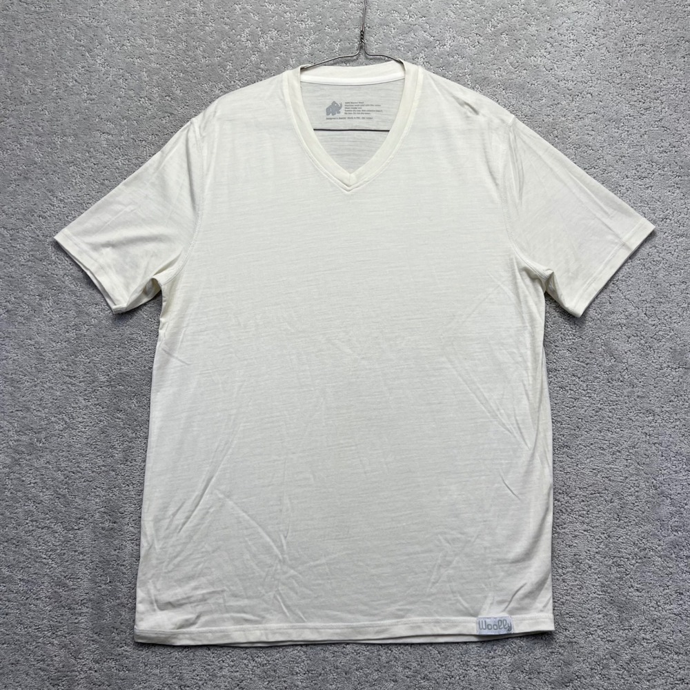 Woolly 100% Merino Wool V-Neck T-Shirt White Mens Large Short Sleeve Tee